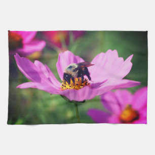 Bumble Bee On Pink Cosmos Flower  Kitchen Towel