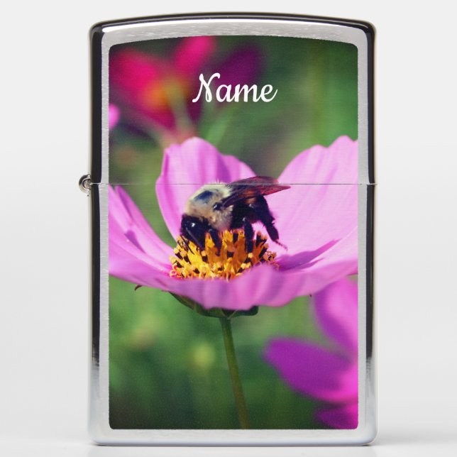 Bumble Bee On Pink Cosmos Flower Personalized Zippo Lighter (Front)
