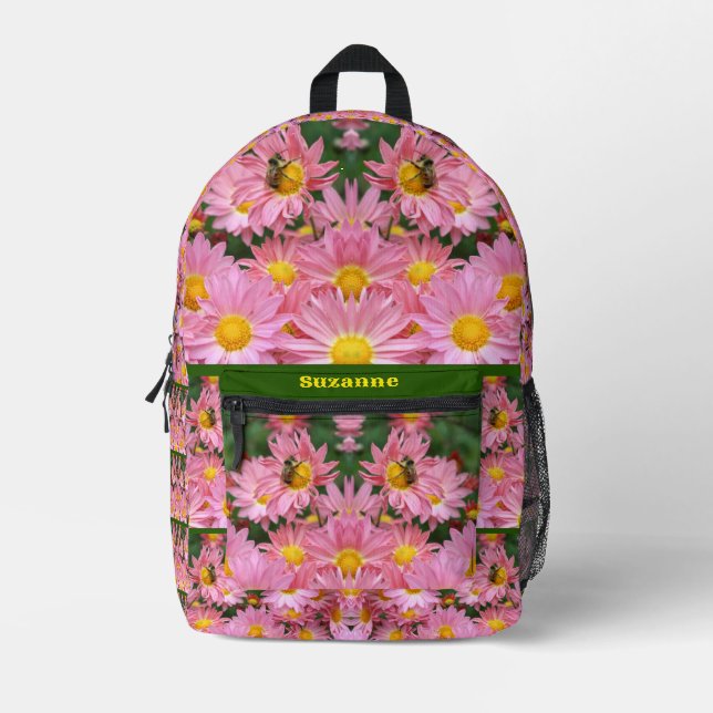 Bumble Bee On Pink Daisies Personalized Printed Backpack (Front)