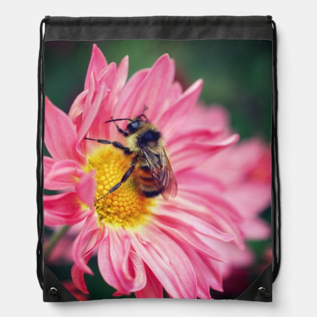 Bumble Bee On Pink Daisy Flower  Drawstring Bag (Front)