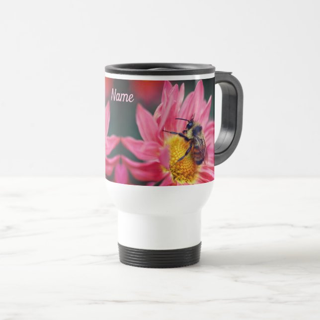 Bumble Bee On Pink Daisy Flower Personalized  Travel Mug (Front Right)