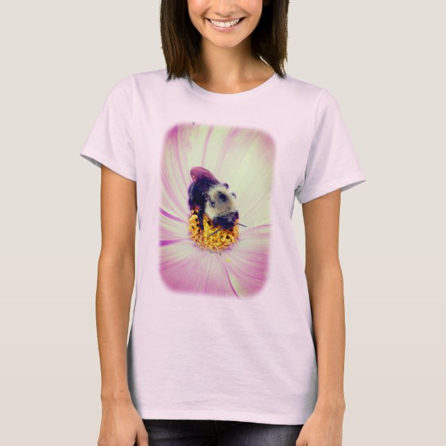 Bumble Bee On Pink Flower Nature  T-Shirt (Front)