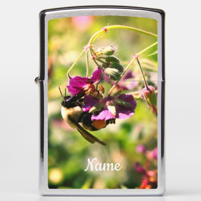 Bumble Bee On Pink Flower Personalized Zippo Lighter (Front)
