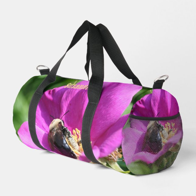 Bumble Bee On Pink Rose Personalized Duffle Bag (Right Corner)