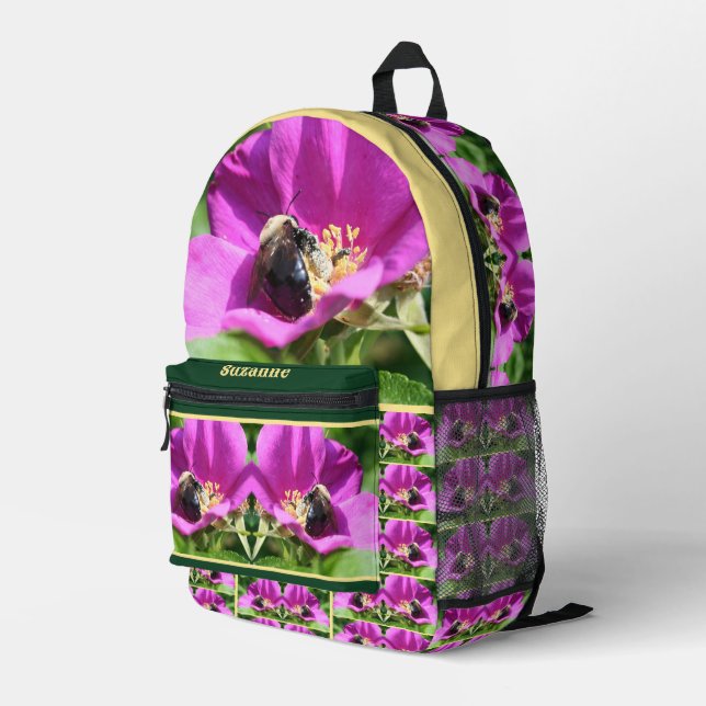 Bumble Bee On Pink Rose Personalized Printed Backpack (Back Corner Right)