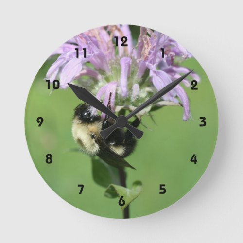 Bumble Bee On Purple Bee Balm Flower Round Clock