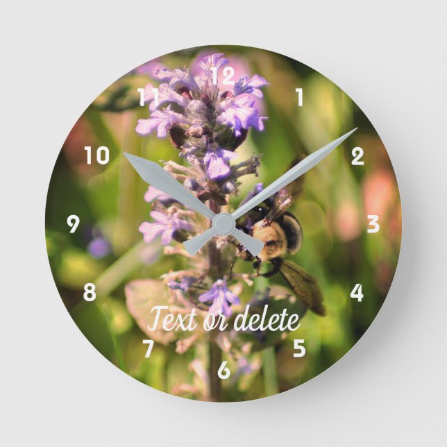 Bumble Bee On Purple Flower Personalized Round Clock (Front)