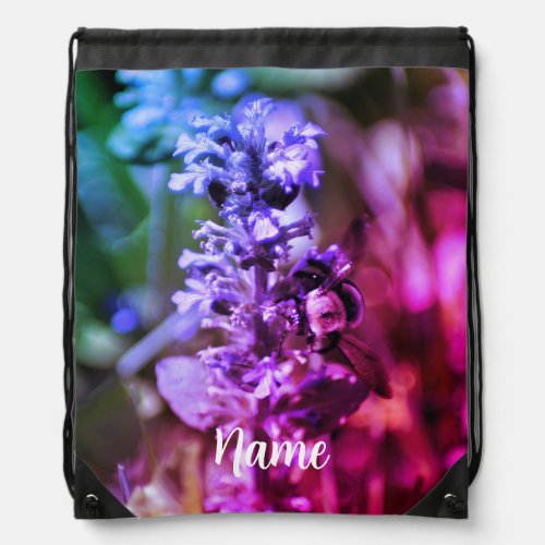 Bumble Bee On Purple Flower Tinted Personalized Drawstring Bag