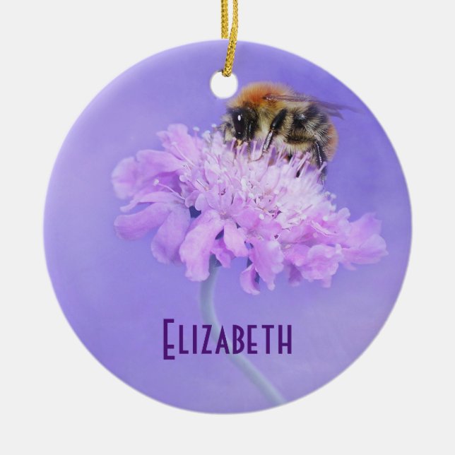 Bumble Bee Perched on a Pink Flower Personalized Ceramic Ornament (Front)
