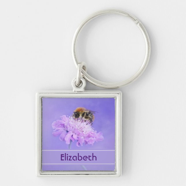 Bumble Bee Perched on a Pink Flower Personalized Keychain (Front)