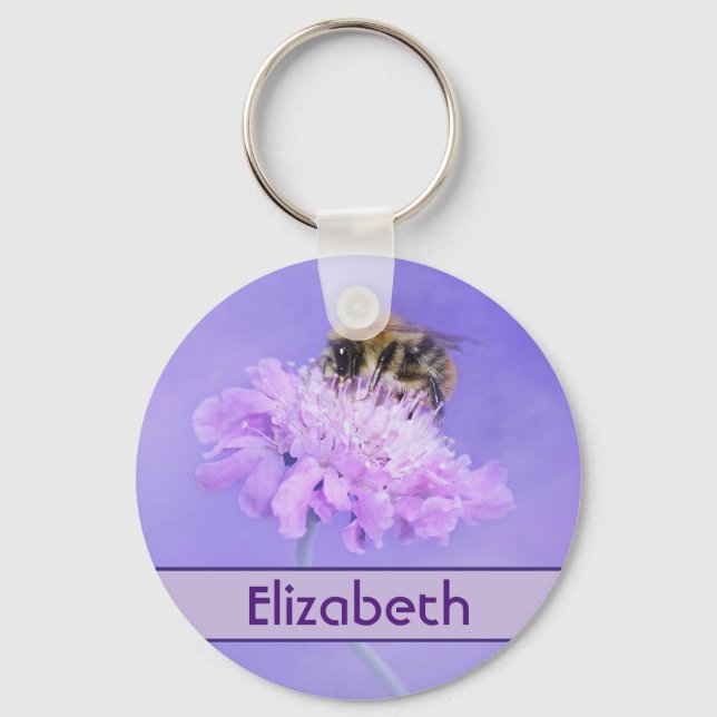 Bumble Bee Perched on a Pink Flower Personalized Keychain (Front)