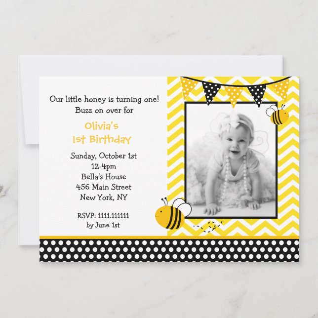 Bumble Bee Photo Birthday Party Invitations (Front)
