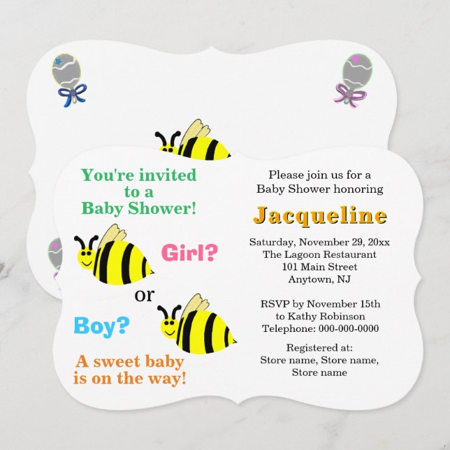 Bumble Bee Pink Blue Rattles Baby Shower Invitation (Front/Back)
