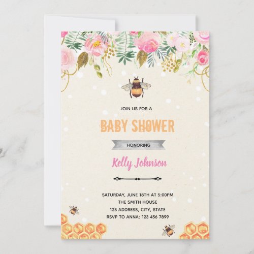 Bumble bee pink floral birthday party invitation