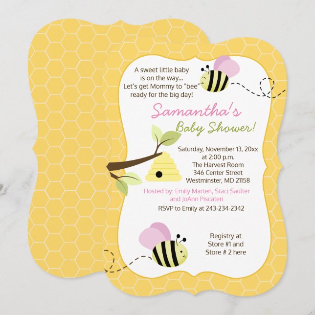Bumble Bee Pink Girl Baby Shower Invitation (Front/Back)