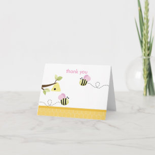 Bumble Bee Pink Wings Folded Thank you Note Card