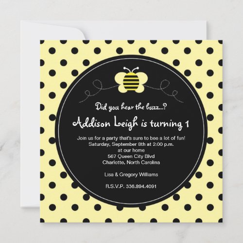 Bumble Bee Polka Dots- Birthday Invitation