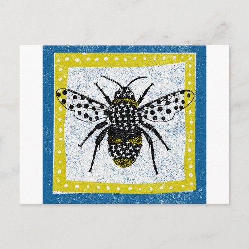 Bumble Bee Postcard Yellow Blue Black Insect