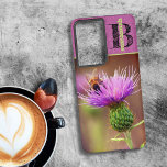 Bumble Bee Purple Thistle Flower Close-Up Photo Samsung Galaxy S21 Ultra Case<br><div class="desc">A close-up photograph of a pollen laden busy bee head down in a purple Thistle flower fills the case back bottom. The top offers template initial letter monogram in black and name in a complementary green. Personalize the text, remove text or edit using the design tool to select a font...</div>