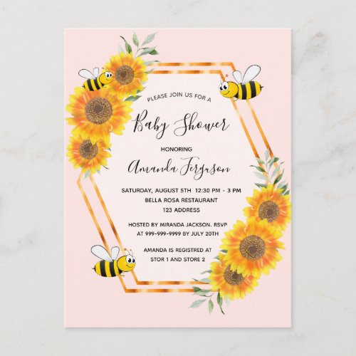 Bumble bee rose gold floral baby shower invitation postcard