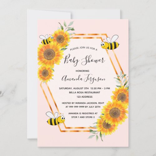 Bumble bee rose gold pink sunflowers baby shower invitation