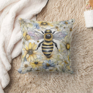 Bumble Bee spring floral painted. Throw Pillow