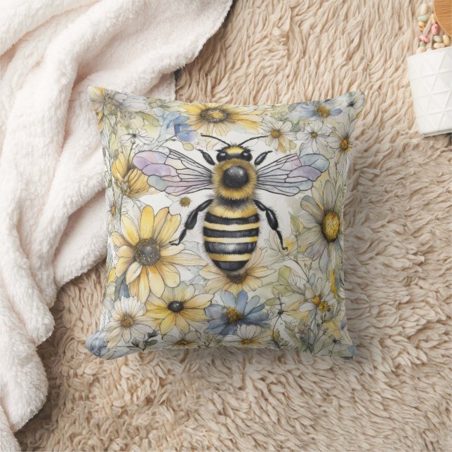 Bumble Bee spring floral painted. Throw Pillow (Blanket)