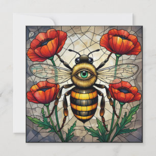 Bumble Bee Stained Glass Red Poppy Flower Bug Art Card