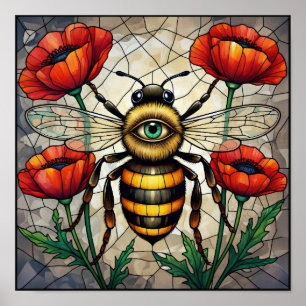 Bumble Bee Stained Glass Red Poppy Flower Bug Art Poster