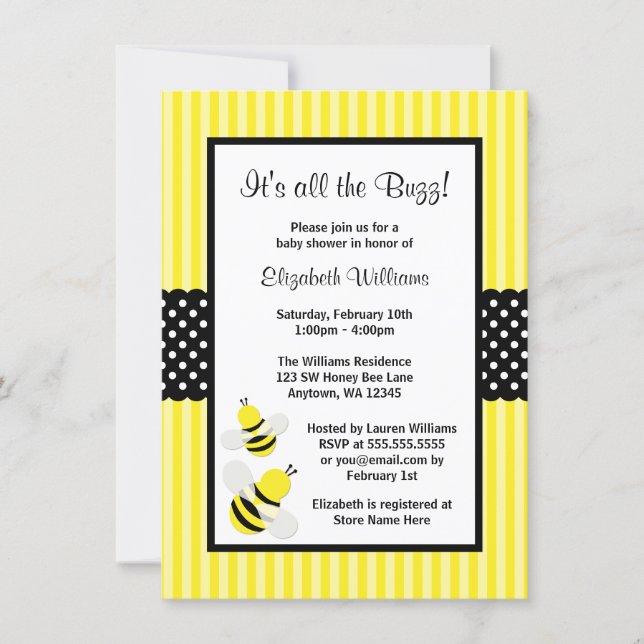 Bumble Bee Striped Dots Baby Shower Invitations (Front)