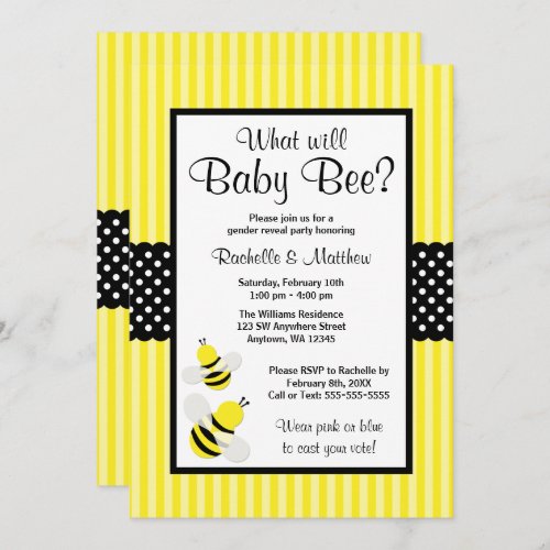 Bumble Bee Striped Dots Gender Reveal Baby Shower Invitation