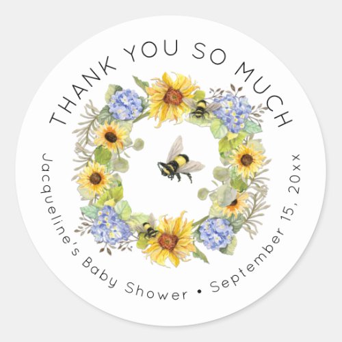 Bumble Bee Sunflower Blue Hydrangea Baby Shower Classic Round Sticker