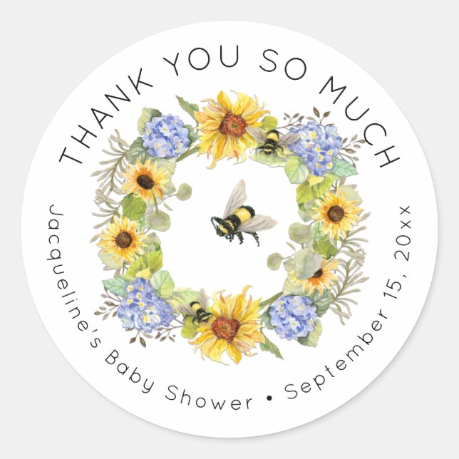 Bumble Bee Sunflower Blue Hydrangea Baby Shower Classic Round Sticker (Front)