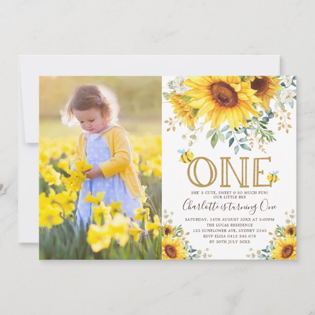Bumble Bee Sunflower Garden Girl 1st Birthday Invitation (Front)