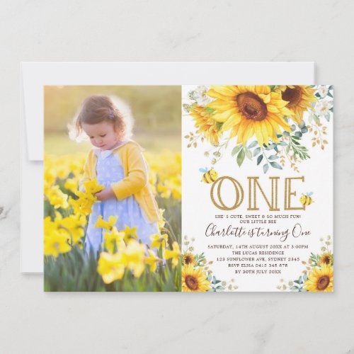 Bumble Bee Sunflower Garden Girl 1st Birthday Invitation