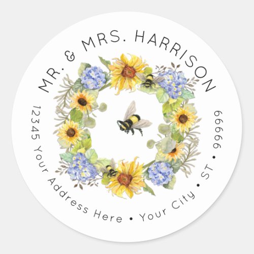 Bumble Bee Sunflower Hydrangea Floral Address Clas Classic Round Sticker