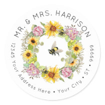 Bumble Bee Sunflower Hydrangea Floral Address Classic Round Sticker