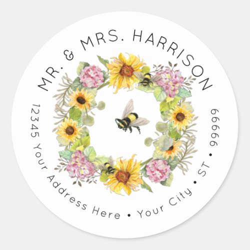 Bumble Bee Sunflower Hydrangea Floral Address Classic Round Sticker