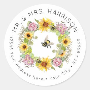 Bumble Bee Sunflower Hydrangea Floral Address Classic Round Sticker