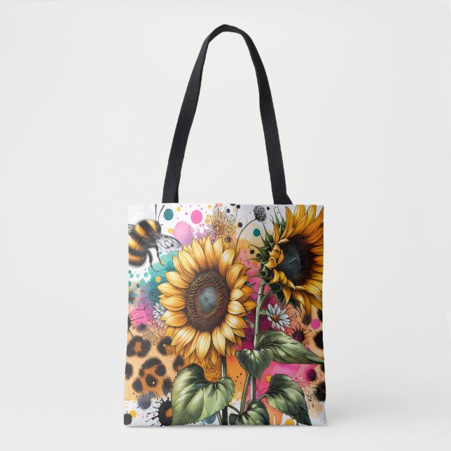 Bumble Bee Sunflower Leopard Print Tote Bag (Front)