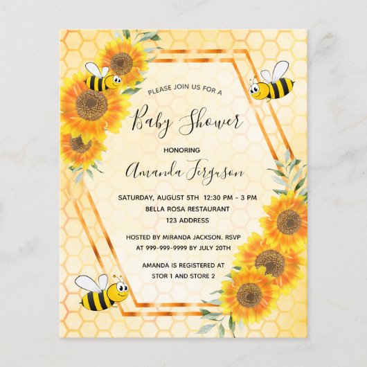 Bumble bee sunflowers baby shower invitation (Front)