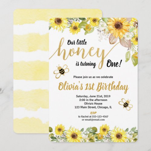 Bumble bee sunflowers birthday invitation girl