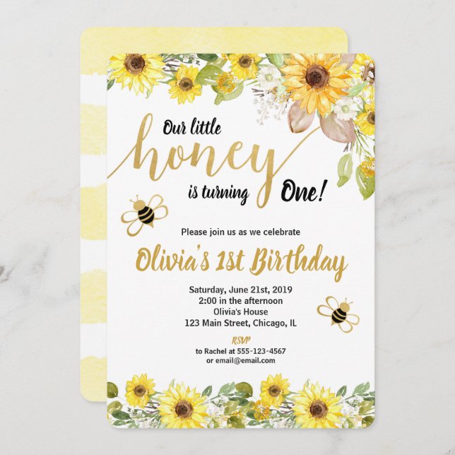 Bumble bee sunflowers birthday invitation girl (Front/Back)