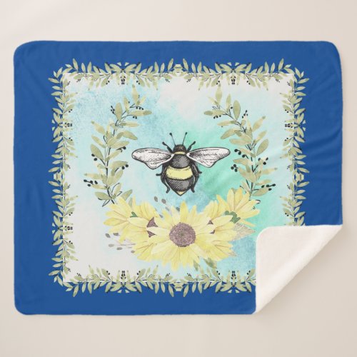 Bumble Bee  Sunflowers  Blue Fleece Blanket
