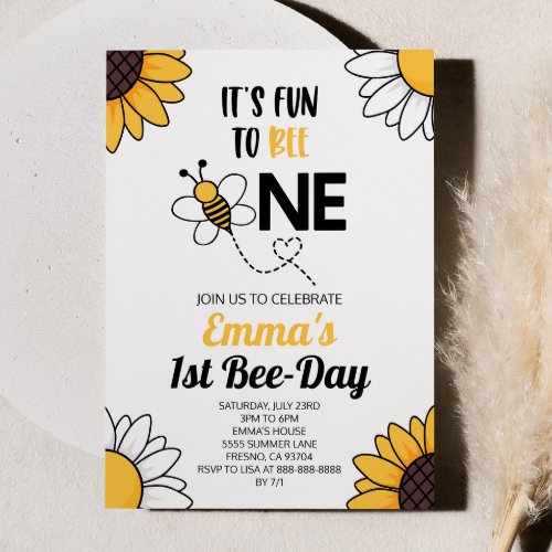 Bumble Bee Sunflowers First 1st Birthday Party Invitation