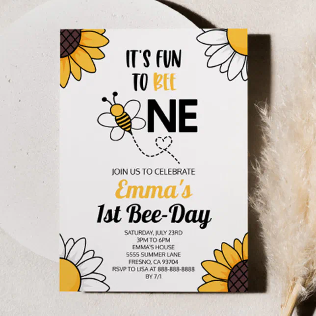Bumble Bee Sunflowers First 1st Birthday Party Invitation | Zazzle