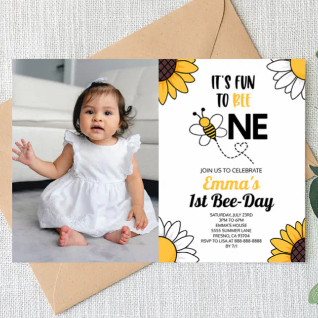 Bumble Bee Sunflowers First 1st Birthday Party Invitation | Zazzle