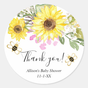 Bumble bee sunflowers pink yellow classic round sticker