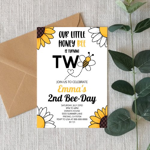 Bumble Bee Sunflowers Second 2nd Birthday Party Invitation
