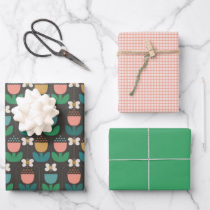 Bumble Bee & Tulips Pink & Black Monogram Initial Wrapping Paper Sheets
